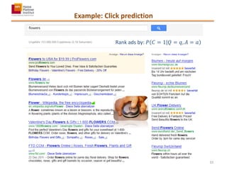 Example: Click prediction
Rank ads by: 𝑃 𝐶 = 1|𝑄 = 𝑞, 𝐴 = 𝑎
10
 