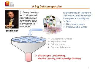A Big Data perspective
“[…] every two days
we create as much
information as we
did from the dawn
of civilization up
until 2003!”
Eric Schmidt
Sensors
HTML clicks
DBslinks  Distributed databases
 Key-value stores
 Column stores
 Document databases
emailsSocial
Large amounts of structured
and unstructured data (often
incomplete and ambiguous)
 Texts
 Lists, tables, graphs
 Images, audio, videos
 Data analytics , Data Mining,
Machine Learning, and Knowledge Discovery
5
 