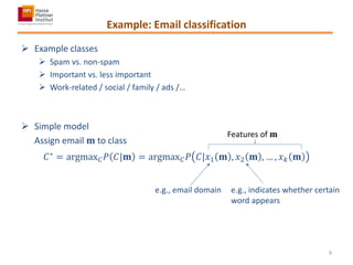 Example: Email classification
 Example classes
 Spam vs. non-spam
 Important vs. less important
 Work-related / social / family / ads /…
 Simple model
Assign email 𝐦 to class
𝐶∗ = argmax 𝐶 𝑃 𝐶|𝐦 = argmax 𝐶 𝑃 𝐶|𝑥1 𝐦 , 𝑥2 𝐦 , … , 𝑥 𝑘 𝐦
e.g., email domain e.g., indicates whether certain
word appears
Features of 𝐦
9
 