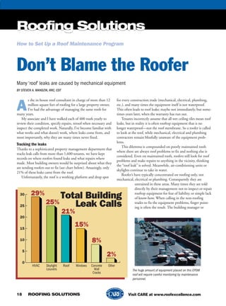 Roofing Solutions
18 ROOFING SOLUTIONS
Roofing Solutions
Visit CARE at www.roofexcellence.com
Don’t Blame the Roofer
Many ‘roof’ leaks are caused by mechanical equipment
BY STEVEN A. MANDZIK, RRC, CDT
A
s the in-house roof consultant in charge of more than 12
million square feet of roofing for a large property owner,
I’ve had the advantage of managing the same roofs for
many years.
My associate and I have walked each of 400 roofs yearly to
review their condition, specify repairs, reroof when necessary and
inspect the completed work. Naturally, I’ve become familiar with
what works and what doesn’t work, where leaks come from, and
most importantly, why they are many times never fixed.
Tracking the leaks
Thanks to a sophisticated property management department that
tracks leak calls from more than 1,600 tenants, we have kept
records on where roofers found leaks and what repairs where
made. Most building owners would be surprised about what they
are sending roofers out to fix (see chart below). Amazingly, only
21% of these leaks came from the roof.
Unfortunately, the roof is a working platform and drop spot
for every construction trade (mechanical, electrical, plumbing,
etc.), and many times the equipment itself is not waterproof.
This often leads to roof leaks; maybe not immediately, but some-
times years later, when the warranty has run out.
Tenants incorrectly assume that all wet ceiling tiles mean roof
leaks, but in reality it is often rooftop equipment that is no
longer waterproof—not the roof membrane. So a roofer is called
to look at the roof, while mechanical, electrical and plumbing
contractors remain blissfully unaware of the equipment prob-
lems.
This dilemma is compounded on poorly maintained roofs
where there are always roof problems to fix and nothing else is
considered. Even on maintained roofs, roofers still look for roof
problems and make repairs to anything in the vicinity, thinking
the “roof leak” is solved. Meanwhile, air-conditioning units or
skylights continue to take in water.
Roofer’s have typically concentrated on roofing only, not
mechanical, electrical or plumbing. Consequently they are
untrained in these areas. Many times they are told
directly by their management not to inspect or repair
rooftop equipment for fear of liability, or simple lack
of know-how. When calling in the non-roofing
trades to fix the equipment problems, finger point-
ing is often the result. The building manager or
0
5
10
15
20
25
30
Total Building
Leak Calls
29%
25%
21%
15%
8%
2%
HVAC Roof Concrete
Wall
Cracks
Windows OtherSkylight
Louvers The huge amount of equipment placed on this EPDM
roof will require careful monitoring by maintenance
personnel.
How to Set Up a Roof Maintenance Program
rsi0306_GAF_018.pgs 02.15.2006 09:54 mnickellBLACK YELLOW MAGENTA CYAN
 