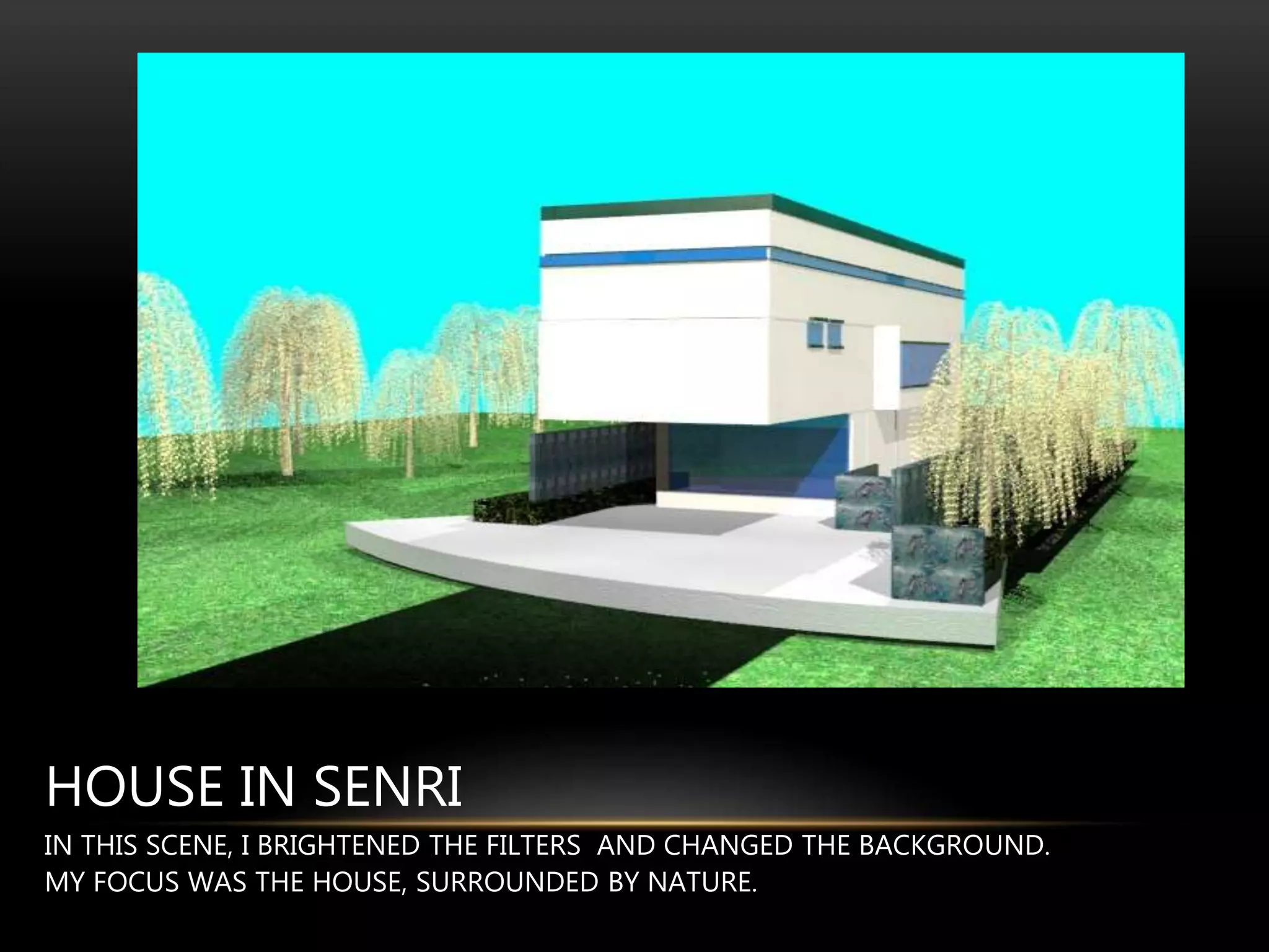 HOUSE IN SENRI
IN THIS SCENE, I BRIGHTENED THE FILTERS AND CHANGED THE BACKGROUND.
MY FOCUS WAS THE HOUSE, SURROUNDED BY NATURE.
 