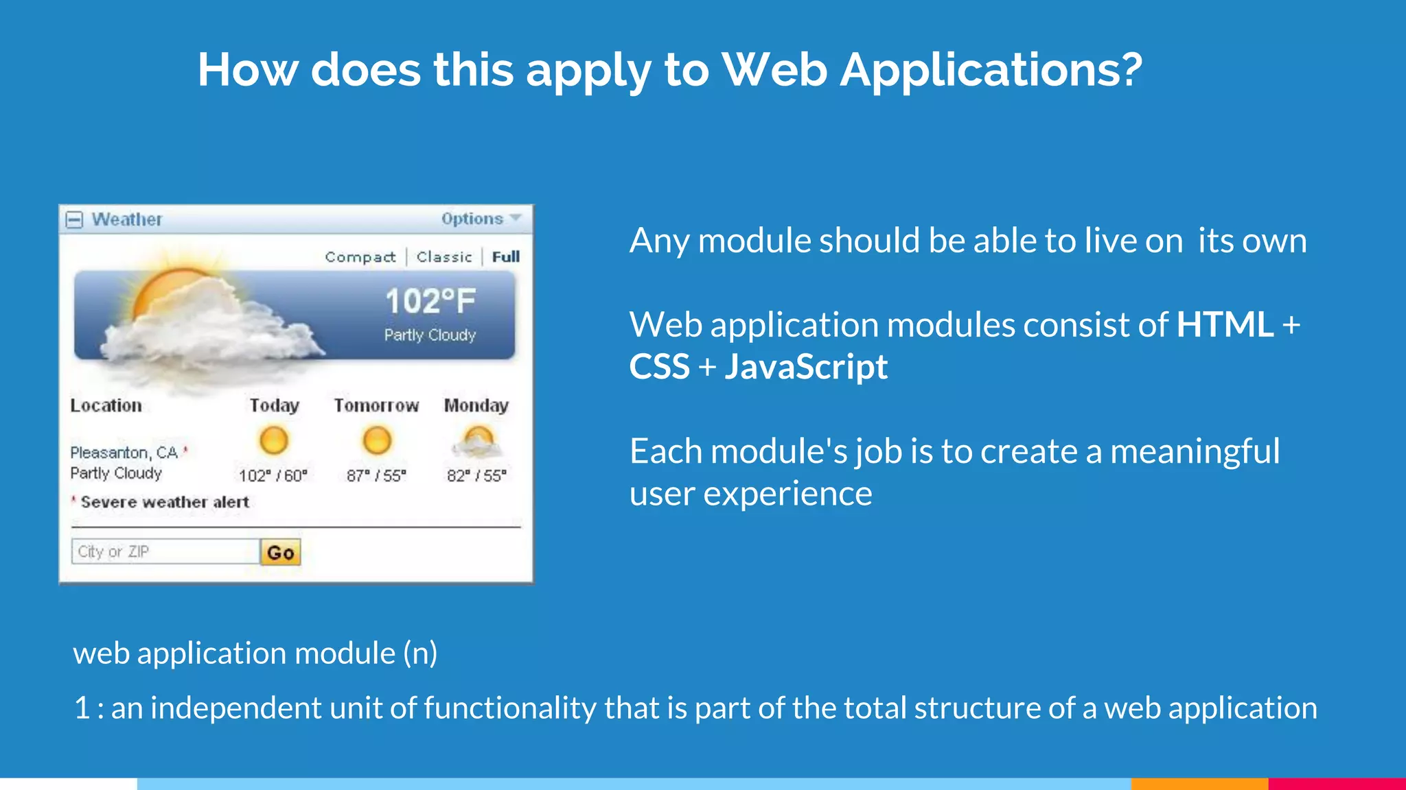 How does this apply to Web Applications?
Any module should be able to live on its own
Web application modules consist of HTML +
CSS + JavaScript
Each module's job is to create a meaningful
user experience
web application module (n)
1 : an independent unit of functionality that is part of the total structure of a web application
 