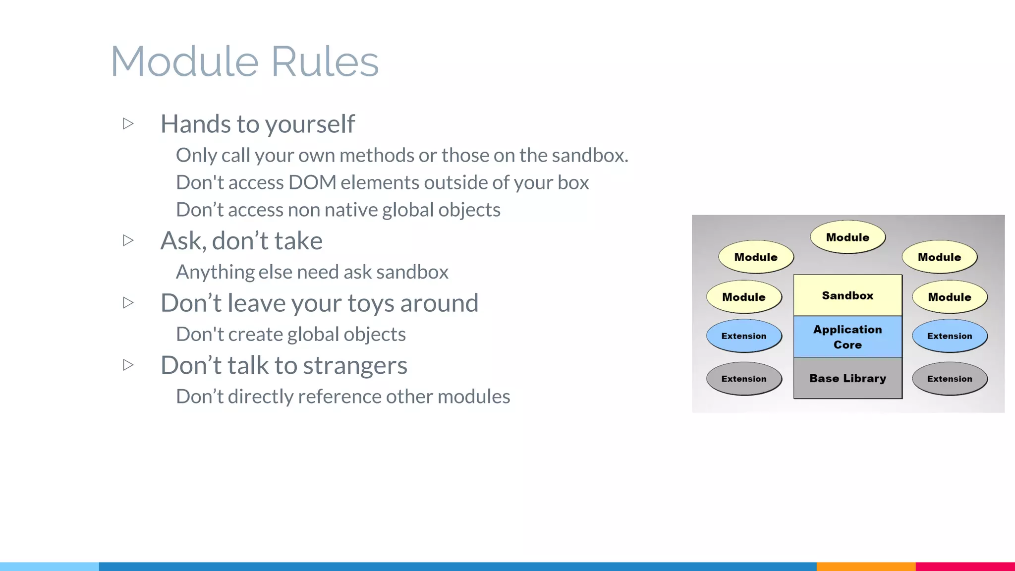 Module Rules
▷ Hands to yourself
Only call your own methods or those on the sandbox.
Don't access DOM elements outside of your box
Don’t access non native global objects
▷ Ask, don’t take
Anything else need ask sandbox
▷ Don’t leave your toys around
Don't create global objects
▷ Don’t talk to strangers
Don’t directly reference other modules
 