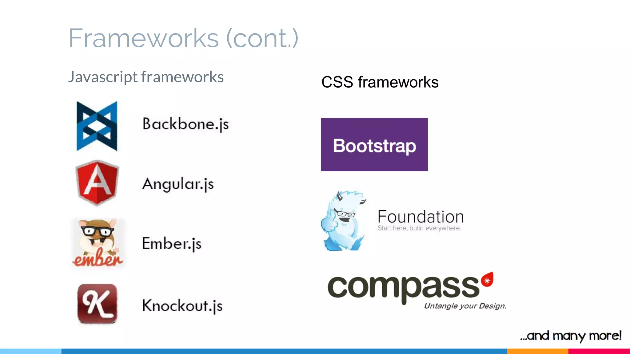 Frameworks (cont.)
Javascript frameworks CSS frameworks
 