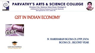 GST IN INDIAN ECONOMY INDIAN
ECONOMY
N. HARIHARAN BCOM CS.,DTP.,DOA
BCOM CS , SECOND YEAR
 