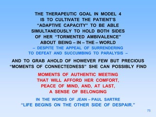 THE THERAPEUTIC GOAL IN MODEL 4
IS TO CULTIVATE THE PATIENT’S
“ADAPTIVE CAPACITY” TO BE ABLE
SIMULTANEOUSLY TO HOLD BOTH SIDES
OF HER “TORMENTED AMBIVALENCE”
ABOUT BEING – IN – THE – WORLD
– DESPITE THE APPEAL OF SURRENDERING
TO DEFEAT AND SUCCUMBING TO PARALYSIS –
AND TO GRAB AHOLD OF HOWEVER FEW BUT PRECIOUS
“MOMENTS OF CONNECTEDNESS” SHE CAN POSSIBLY FIND
MOMENTS OF AUTHENTIC MEETING
THAT WILL AFFORD HER COMFORT,
PEACE OF MIND, AND, AT LAST,
A SENSE OF BELONGING
IN THE WORDS OF JEAN – PAUL SARTRE
“LIFE BEGINS ON THE OTHER SIDE OF DESPAIR.”
75
 