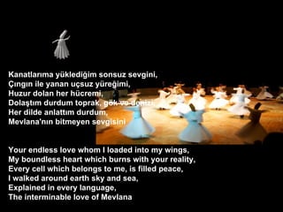 Kanatlar?ma ykledi?im sonsuz sevgini, ??ng?n ile yanan u?suz yre?imi, Huzur dolan her hcremi, Dola?t?m durdum toprak, g?k ve denizi, Her dilde anlatt?m durdum, Mevlana'n?n bitmeyen sevgisini ? ? Your endless love whom I loaded into my wings, My boundless heart which burns with your reality, Every cell which belongs to me, is filled peace, I walked around earth sky and sea, Explained in every language, The interminable love of Mevlana  