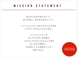 M i s s i o n

S t a t e m e n t

Ԥ餬ۤȤʤäơ
 PA N
 R  
 C
J A       P  O DU E

!
      ԩ`          
JAPAN PRODUCERȺ֡

!
     ԩ` 
ҤȤǤयߤ
JAPAN PRODUCERȤƚi
äṩ?
־ͬߤɤ
YӤĤ롣

JAPAN PRODUCE
ձ򄓤/ձ

 