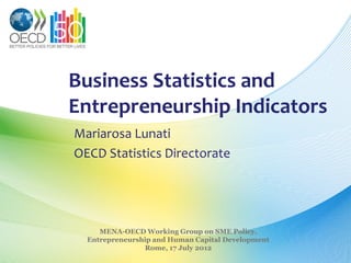Business Statistics and
Entrepreneurship Indicators
Mariarosa Lunati
OECD Statistics Directorate

MENA-OECD Working Group on SME Policy,
Entrepreneurship and Human Capital Development
Rome, 17 July 2012

 