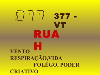 RUA
H
377 -
VT
VENTO
RESPIRAÇÃO,VIDA
FOLÊGO, PODER
CRIATIVO
 