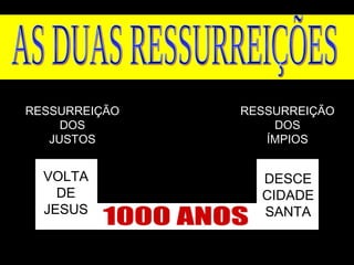 VOLTA
DE
JESUS
DESCE
CIDADE
SANTA
RESSURREIÇÃO
DOS
JUSTOS
RESSURREIÇÃO
DOS
ÍMPIOS
 