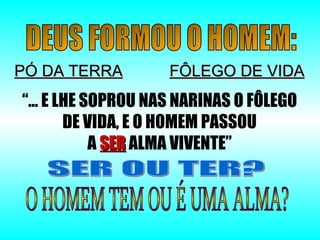 PÓ DA TERRAPÓ DA TERRA FÔLEGO DE VIDAFÔLEGO DE VIDA
“… E LHE SOPROU NAS NARINAS O FÔLEGO
DE VIDA, E O HOMEM PASSOU
A SERSER ALMA VIVENTE”
 