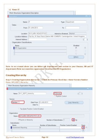 c) Name: IT 
Note: As we created above you can define sub departments and section to your Finance, HR and IT 
department. Make sure mention organization Classification: HR Organization 
Creating Hierarchy 
Step 1: Creating Organization Hierarchy -->Check the Primary Check box-->Enter Version Number 
Name: SKY_DEPT_Hierarchy 
Regintala Chandra Sekhar Page 32 ora17hr@gmail.com 
 