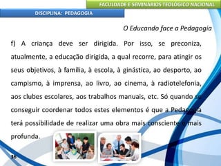 FACULDADE E SEMINÁRIOS TEOLÓGICO NACIONAL
DISCIPLINA: PEDAGOGIA
36
O Educando face a Pedagogia
f) A criança deve ser dirigida. Por isso, se preconiza,
atualmente, a educação dirigida, a qual recorre, para atingir os
seus objetivos, à família, à escola, à ginástica, ao desporto, ao
campismo, à imprensa, ao livro, ao cinema, à radiotelefonia,
aos clubes escolares, aos trabalhos manuais, etc. Só quando se
conseguir coordenar todos estes elementos é que a Pedagogia
terá possibilidade de realizar uma obra mais consciente e mais
profunda.
 