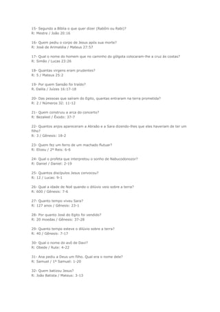 70 Perguntas Bíblicas Infantil – Com Respostas para Gincana! – Exempl