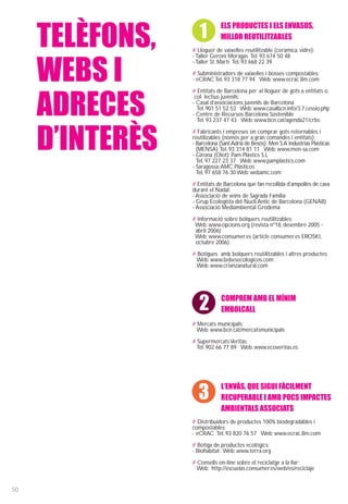 ELS PRODUCTES I ELS ENVASOS,

     TELÈFONS,      1         MILLOR REUTILITZABLES
                 # Lloguer de vaixelles reutilitzable (ceràmica, vidre):
                 - Taller Geroni Moragas Tel. 93 674 50 48



     WEBS I
                 - Taller St. Martí Tel. 93 668 22 39

                 # Subministradors de vaixelles i bosses compostables:
                 - eCRAC Tel. 93 318 77 94 Web: www.ecrac.8m.com

                 # Entitats de Barcelona per al lloguer de gots a entitats o


     ADRECES
                  col· lectius juvenils:
                 - Casal d’associacions juvenils de Barcelona
                   Tel. 901 51 52 53 Web: www.casalbcn.info/3.7.cessio.php
                 - Centre de Recursos Barcelona Sostenible
                   Tel. 93 237 47 43 Web: www.bcn.cat/agenda21/crbs



     D’INTERÈS
                 # Fabricants i empreses on comprar gots retornables i
                 reutilizables (només per a gran comandes i entitats):
                 - Barcelona (Sant Adrià de Besòs) : Men S.A Industrias Plasticas
                   (MENSA). Tel. 93 314 81 11 Web: www.men-sa.com
                 - Girona (Olot): Pam Plàstics S.L
                   Tel. 97 227 23 37 Web: www.pamplastics.com
                 - Saragossa: AMC Plásticos
                   Tel. 97 658 76 30 Web: webamc.com
                 # Entitats de Barcelona que fan recollida d’ampolles de cava
                 durant el Nadal:
                 - Associació de veïns de Sagrada Familia
                 - Grup Ecologista del Nucli Antic de Barcelona (GENAB)
                 - Associació Mediambiental Grodema

                 # Informació sobre bolquers reutilitzables:
                  Web: www.opcions.org (revista nº18, desembre 2005 -
                  abril 2006)
                  Web: www.consumer.es (article consumer.es EROSKI,
                  octubre 2006)

                 # Botigues amb bolquers reutilitzables i altres productes:
                  Web: www.bebesecologicos.com
                  Web: www.crianzanatural.com




                              COMPREM AMB EL MÍNIM
                    2         EMBOLCALL
                 # Mercats municipals:
                  Web: www.bcn.cat/mercatsmunicipals

                 # Supermercats Veritas:
                  Tel. 902 66 77 89 Web: www.ecoveritas.es




                              L’ENVÀS, QUE SIGUI FÀCILMENT
                   3          RECUPERABLE I AMB POCS IMPACTES
                              AMBIENTALS ASSOCIATS
                 # Distribuïdors de productes 100% biodegradables i
                 compostables:
                 - eCRAC Tel. 93 820 76 57 Web: www.ecrac.8m.com

                 # Botiga de productes ecològics:
                 - Biohabitat: Web: www.terra.org

                 # Consells on-line sobre el reciclatge a la llar:
                  Web: http://escuelas.consumer.es/web/es/reciclaje


50
 