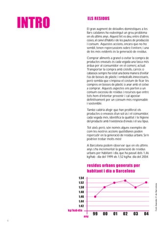 ELS RESIDUS
    INTRO                  El gran augment de deixalles domèstiques a les
                           llars catalanes ha esdevingut un greu problema
                           en els últims anys. Aquest fet es deu, entre d’altres
                           coses, al canvi d’hàbits i de les pautes de producció
                           i consum. Aquestes accions, encara que no ho
                           sembli, tenen repercussions sobre l’entorn, i una
                           de les més evidents és la generació de residus.

                           Comprar aliments a granel o evitar la compra de
                           productes envasats és cada vegada una tasca més
                           àrdua per al consumidor en el comerç actual.
                           Transportar la compra amb cistells, carros o
                           cabassos sempre ha estat una bona manera d’evitar
                           l’ús de bosses de plàstic i embolcalls innecessaris,
                           però sembla que s’imposa el costum de ficar les
                           compres en bosses de plàstic o anar amb el cotxe
                           a comprar. Aquests aspectes ens porten a un
                           consum excessiu de residus i recursos que entre
                           tots hem d’intentar prevenir i cal apostar
                           definitivament per un consum més responsable
                           i sostenible.

                           També caldria afegir que han proliferat els
                           productes o envasos d’un sol ús i el consumidor,
                           cada vegada més, identifica la qualitat i la higiene
                           del producte amb l’existència d’envàs i el seu tipus.

                           Tot això, però, són només alguns exemples de
                           com les nostres accions quotidianes poden
                           repercutir en la generació de residus urbans. Se’n
                           podrien trobar molts més!

                           A Barcelona podem observar que en els últims
                           anys s’ha incrementat la generació de residus
                           urbans per habitant i dia, que ha passat dels 1,46
                           kg/hab · dia del 1999 als 1,52 kg/ha· dia del 2004.

                           residus urbans generats per
                           habitant i dia a Barcelona
                   1,54
                   1,52
                                                                                   Font: Agenda 21 de Barcelona




                   1,50
                   1,48
                   1,46
                   1,44
                   1,42
            kg/hab·dia
                                99      00       01       02      03        04
                         any
6
 