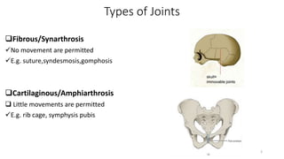Types of Joints
Fibrous/Synarthrosis
No movement are permitted
E.g. suture,syndesmosis,gomphosis
Cartilaginous/Amphiarthrosis
 Little movements are permitted
E.g. rib cage, symphysis pubis
3
 