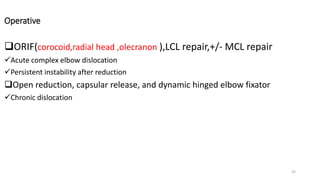 Operative
ORIF(corocoid,radial head ,olecranon ),LCL repair,+/- MCL repair
Acute complex elbow dislocation
Persistent instability after reduction
Open reduction, capsular release, and dynamic hinged elbow fixator
Chronic dislocation
33
 