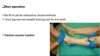 Non operative
60-70 % cab be reduced by closed methods
 short leg cast non-weight bearing cast for 4-6 week
Traction counter traction
62
 