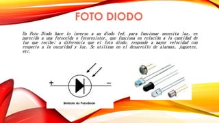 FOTO DIODO 
Un Foto Diodo hace lo inverso a un diodo led, para funcionar necesita luz, es 
parecido a una fotocelda o fotoresistor, que funciona en relación a la cantidad de 
luz que recibe; a diferencia que el foto diodo, responde a mayor velocidad con 
respecto a la oscuridad y luz. Se utilizan en el desarrollo de alarmas, juguetes, 
etc. 
