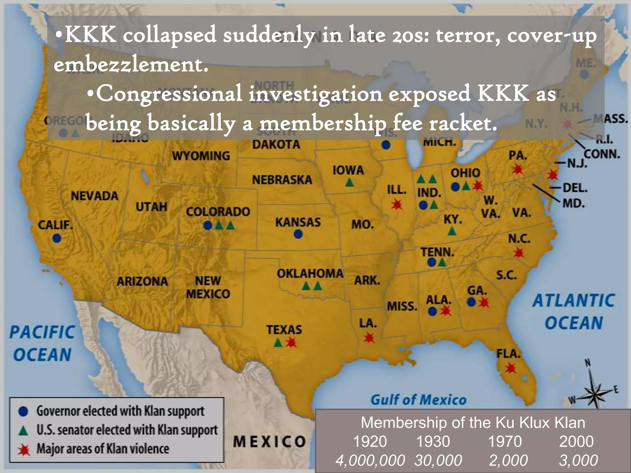 KKK collapsed suddenly in late 20s: terror, cover-up embezzlement.