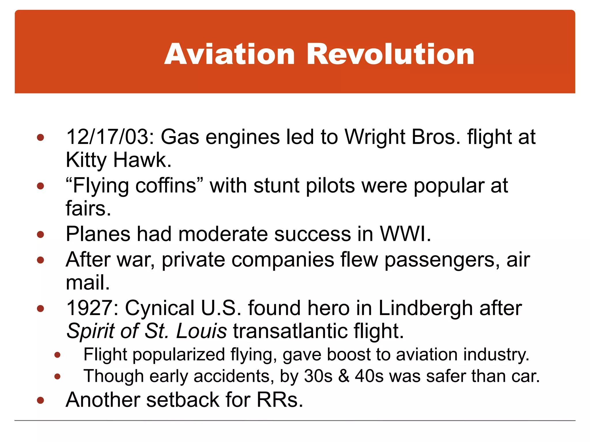 The Automobile RevolutionAuto makers stimulate sales through model changes- advertising Auto industry fostered the growth of other businessesGlass, paint, rubber, service stations, car dealerships, tool and die shops, roads etcAutos encourage movement and more individual freedom.