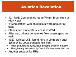 The Automobile RevolutionAuto makers stimulate sales through model changes- advertising Auto industry fostered the growth of other businessesGlass, paint, rubber, service stations, car dealerships, tool and die shops, roads etcAutos encourage movement and more individual freedom.
