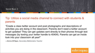 Social Buzz 2
Tip: Utilize a social media channel to connect with students &
parents
“Create a class twitter account and post photographs and descriptions of
activities you are doing in the classroom. Parents don't need a twitter account
to get updates! They can get updates sent directly to their phones through text
messages (by texting your twitter handle to 40404). Parents can get an inside
look into your classroom all year!”
—Donna DiFilippo, Secondary Mathematics Teacher
 