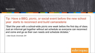 Reconnect
Tip: Have a BBQ, picnic, or social event before the new school
year starts to reconnect and build camaraderie
“Start the year with a school-wide picnic one week before the first day of class.
Just an informal get together without set schedule so everyone can reconnect
and come and go as their own needs and schedule dictates.”
—Stan Gould, Cincinnati, OH
 