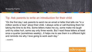 Bragging Rights
Tip: Ask parents to write an introduction for their child
“On the first day I ask parents to send me an email or letter that tells me "in a
million words or less" about their child. I always write or call thanking them for
taking the time to do this. Some letters make me cry, some make me laugh
until my sides hurt, some say only three words. But I read these letters at least
once a quarter (sometimes weekly)...It helps me to see them in a different light
and reminds me why I love going to work each day.”
—trishl972
 