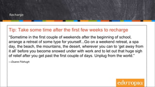 Recharge
Tip: Take some time after the first few weeks to recharge
“Sometime in the first couple of weekends after the beg...