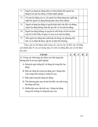 133
11 Người sử dụng lao động phải có trách nhiệm khi người lao
động bị tai nạn lao động và bệnh nghề nghiệp
12 Tai nạn lao động xảy ra với người lao động đang học nghề tập
nghề thì người sử dụng không phải chịu trách nhiệm.
13 Người sử dụng lao động có quyền buộc thôi việc đối với những
người lao động không tuân thủ quy tắc về An toàn lao động.
14 Người lao động không có quyền từ chối hoặc rời bỏ nơi làm
việc kể cả khi thấy rõ nguy cơ xảy ra tai nạn lao động.
15 Nếu người lao động làm mất hoặc hư hỏng các phương tiện
bảo vệ cá nhân đã được cấp thì sẽ phải bồi thường.
Chọn câu trả lời đúng nhất trong các câu từ câu 16 đến câu 20 bằng
cách đánh dấu X vào cột tương ứng với chữ cái đứng đầu câu trả lời được
lựa chọn.
Câu hỏi A B C D E
16. Trong các tình trạng sức khỏe sau tình trạng nào
không phải là tai nạn nghề nghiệp:
A. Bỏng do ngã xuống hố vôi đang tôi trong khi lao
động.
B. Điếc do tiếng ồn trong lao động sau 2 tháng làm
việc trong môi trường có tiếng ồn cao.
C. Điện giật trong khi đang lao động.
D. Tổn thương giác mạc do hạt lúa bắn vào mắt trong
khi đang tuốt lúa.
E. Nhiễm độc asen cấp tính sau 1 tháng lao động
trong môi trường có nồng độ asen cao.
 
