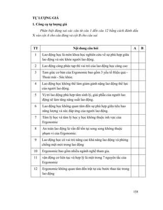 158
TỰ LƯỢNG GIÁ
1. Công cụ tự lượng giá
Phân biệt đúng sai các câu từ câu 1 đến câu 12 bằng cách đánh dấu
X vào cột A cho câu đúng và cột B cho câu sai
TT Nội dung câu hỏi A B
1 Lao động học là môn khoa học nghiên cứu về sự phù hợp giữa
lao động và sức khỏe người lao động.
2 Lao động càng phức tạp thì vai trò của lao động học càng cao
3 Tam giác cơ bản của Ergonomie bao gồm 3 yếu tố Hiệu quả -
Thoải mái - Sức khỏe.
4 Lao động học không thể làm giảm gánh nặng lao động thể lực
của người lao động.
5 Vị trí lao động phù hợp tâm sinh lý, giải phẫu của người lao
động sẽ làm tăng năng suất lao động.
6 Lao động học không quan tâm đến sự phù hợp giữa tiêu hao
năng lượng và sức đáp ứng của người lao động.
7 Tâm lý học và tâm lý học y học không thuộc inh vực của
Ergonomie
8 An toàn lao động là vấn đề tổn tại song song không thuộc
phạm vi của Ergonomie.
9 Lao động học có vai trò nâng cao khả năng lao động và phòng
chống mệt mỏi trong lao động
10 Ergonomie bao gồm nhiều ngành nghề tham gia.
11 vận động cơ liên tục và hợp lý là một trong 7 nguyên tắc của
Ergonomie
12 Ergonomie không quan tâm đến trật tự các bước thao tác trong
lao động
 
