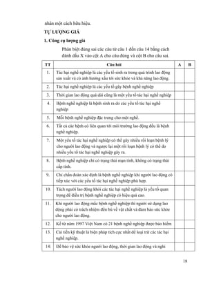 18
nhân một cách hữu hiệu.
TỰ LƯỢNG GIÁ
1. Công cụ lượng giá
Phân biệt đúng sai các câu từ câu 1 đến câu 14 bằng cách
đánh dấu X vào cột A cho câu đúng và cột B cho câu sai.
TT Câu hỏi A B
1. Tác hại nghề nghiệp là các yếu tố sinh ra trong quá trình lao động
sản xuất và có ảnh hưởng xấu tới sức khỏe và khả năng lao động.
2. Tác hại nghề nghiệp là các yếu tố gây bệnh nghề nghiệp
3. Thời gian lao động quá dài cũng là một yếu tố tác hại nghề nghiệp
4. Bệnh nghề nghiệp là bệnh sinh ra do các yếu tố tác hại nghề
nghiệp
5. Mỗi bệnh nghề nghiệp đặc trưng cho một nghề.
6. Tất cả các bệnh có liên quan tới môi trường lao động đều là bệnh
nghề nghiệp.
7. Một yếu tố tác hại nghề nghiệp có thể gây nhiều rối loạn bệnh lý
cho người lao động và ngược lại một rối loạn bệnh lý có thể do
nhiều yếu tố tác hại nghề nghiệp gây ra.
8. Bệnh nghề nghiệp chỉ có trạng thái mạn tính, không có trạng thái
cấp tính.
9. Chỉ chẩn đoán xác định là bệnh nghề nghiệp khi người lao động có
tiếp xúc với các yếu tố tác hại nghề nghiệp phù hợp.
10. Tách người lao động khỏi các tác hại nghề nghiệp là yếu tố quan
trọng để điều trị bệnh nghề nghiệp có hiệu quả cao.
11. Khi người lao động mắc bệnh nghề nghiệp thì người sử dụng lao
động phải có trách nhiệm đền bù về vật chất và đảm bảo sức khỏe
cho người lao động.
12. Kể từ năm 1997 Việt Nam có 21 bệnh nghề nghiệp được bảo hiểm
13. Cải tiến kỹ thuật là biện pháp tích cực nhất để loại trừ các tác hại
nghề nghiệp.
14: Để bảo vệ sức khỏe người lao động, thời gian lao động và nghỉ
 