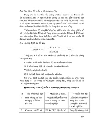 184
3.3. Tiến hành lấy mẫu và định lượng CO2
Mang chai và máy lấy mẫu không khí hoặc bơm cao su đến nơi cần
lấy mẫu không khí xét nghiệm, bơm không khí vào chai gấp 6 lần thể tích
chai, sau đó rót vào chai 20 ml dung dịch cứ 15' lại lắc 1 lần, để sau 2 - 4h,
ta hút lấy 10 ml cho vào bình nón, nhỏ 2 giọt thuốc thử Phenolftalein 1% và
đem chuẩn độ với acid oxalic đến khi dung dịch hết màu hồng.
Từ buret chuẩn độ bằng H2C2O4 Cho tới khi mất màu hồng, ghi lại số
ml H2C2O4 đã chuẩn độ hết (n). Song song cũng chuẩn độ bằng H2C2O4 với
một mẫu chứng 10ml dung dịch barit mới. Và ghi lại số ml acid oxalic đã
dùng để chuẩn độ hết với mẫu chứng (N).
3.4. Tính và đánh qiá kết quả
Trong đó: N là số ml acid oxalic đã chuẩn độ hết ở mẫu đối chứng
không có CO2
n là số ml acid oxalic đã chuẩn độ hết ở mẫu xét nghiệm
10 là số ml dung dịch rút ra chuẩn độ với acid oxalic
V thể tích chai tính bằng lít
20 là thể tích dung dịch hấp thụ cho vào chai
Cơ sở để đánh giá kết quả: tiêu chuẩn cho phép nồng độ CO2 trung
bình trong 8h lao động là 900mg/ms không khí, từng lần tối đa là
1800mg/ms không khí.
Quy trình kỹ thuật lấy mẫu và định lượng CO2 trong không khí
TT các bước thực hiện Mục đích, ý nghĩa. Yêu cầu phải đạt
1 Bơm không khí vào
chai gấp 6 lần thể
tích chai
Trong chai lấy mẫu hoàn
toàn là không khí ở nơi
cần xét nghiệm
Đuổi hết không khí cũ
trong chai và lấy
không khí mới ở nơi
cần xét nghiệm
2 Cho vào chai 20 mi Để Ba(OH)2 hấp thụ hết Dung dịch trong chai
 