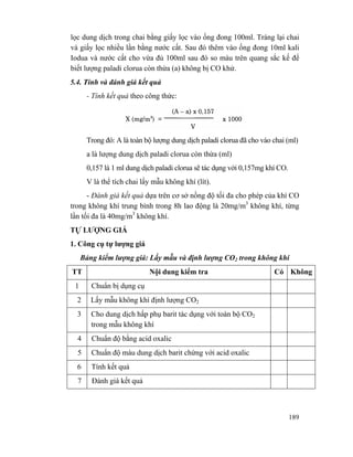 189
lọc dung dịch trong chai bằng giấy lọc vào ống đong 100ml. Tráng lại chai
và giấy lọc nhiều lần bằng nước cất. Sau đó thêm vào ống đong 10ml kali
Iodua và nước cất cho vừa đủ 100ml sau đó so màu trên quang sắc kế để
biết lượng paladi clorua còn thừa (a) không bị CO khử.
5.4. Tính và đánh giá kết quả
- Tính kết quả theo công thức:
Trong đó: A là toàn bộ lượng dung dịch paladi clorua đã cho vào chai (ml)
a là lượng dung dịch paladi clorua còn thừa (ml)
0,157 là 1 ml dung dịch paladi clorua sẽ tác dụng với 0,157mg khí CO.
V là thể tích chai lấy mẫu không khí (lít).
- Đánh giá kết quả dựa trên cơ sở nồng độ tối đa cho phép của khí CO
trong không khí trung bình trong 8h lao động là 20mg/m3
không khí, từng
lần tối đa là 40mg/m3
không khí.
TỰ LƯỢNG GIÁ
1. Công cụ tự lượng giá
Bảng kiểm lượng giá: Lấy mẫu và định lượng CO2 trong không khí
TT Nội dung kiểm tra Có Không
1 Chuẩn bị dụng cụ
2 Lấy mẫu không khí định lượng CO2
3 Cho dung dịch hấp phụ barit tác dụng với toàn bộ CO2
trong mẫu không khí
4 Chuẩn độ bằng acid oxalic
5 Chuẩn độ màu dung dịch barit chứng với acid oxalic
6 Tính kết quả
7 Đánh giá kết quả
 