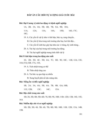 201
ĐÁP ÁN CÂU HỎI TỰ LƯỢNG GIÁ CUỐI BÀI
Bài: Đại Cương vệ sinh lao động và bệnh nghề nghiệp
1A; 2B; 3A; 4A; 5B; 6B; 7B; SA; 9B; 10A;
11A; 12A; 13A; 14A; 15D; 16E; 17C;
18C;
19. A. Các yếu tố vật lý như vi khí hậu, bức xạ, rung chuyển...
B. Các yếu lý hóa trong môi trường như bụi, hơi khí độc...
C. Các yếu tố sinh học gây hại như các vi trùng, ký sinh trùng...
20. A. Tác hại của bụi trong môi trường lao động.
B. Tác hại nghề nghiệp mang tính chất vật lý
Bài:Vi khí hậu trong lao động sản xuất
1E; 2D; 3D; 4C; 5D; 6A; 7C; 8D; 9E; 10C; 11B; 12A; 13E;
14A;15A;16B; 17A, 18A.
19. A. Tích nhiệt trong cơ thể
B. Thân nhiệt tăng cao
20. A. Tia bức xạ qua hộp sọ nhiều
B. Xung huyết phù nề não màng não.
Bài: Tiếng ồn và điếc nghề nghiệp
1B; 2A; 3A; 4A; 5B; 6A; 7B; 8B; GA; 10B;
11E; 12B; 13C; 14C; 15A.
Bài: Độc chất trong sản xuất
1Đ; 2S; 3Đ; 4Đ; 5Đ; 6Đ; 7S; 8Đ; 9S; 10Đ; 11Đ; 12D; 13B; 14E; 15E;
16A
Bài: Nhiễm độc chì vô cơ nghề nghiệp
1Đ; 2Đ; 3Đ; 4S; 5Đ; 6S; 7Đ; 8Đ; 9Đ; 10Đ; 11D; 12D; 13A; 14B;
15B.
 