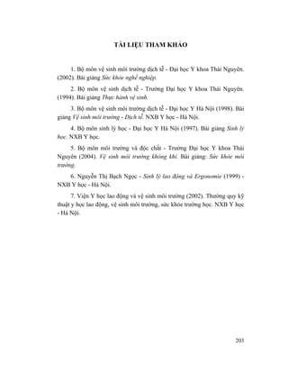 203
TÀI LIỆU THAM KHẢO
1. Bộ môn vệ sinh môi trường dịch tễ - Đại học Y khoa Thái Nguyên.
(2002). Bài giảng Sức khỏe nghề nghiệp.
2. Bộ môn vệ sinh dịch tễ - Trường Đại học Y khoa Thái Nguyên.
(1994). Bài giảng Thực hành vệ sinh.
3. Bộ môn vệ sinh môi trường dịch tễ - Đại học Y Hà Nội (1998). Bài
giảng Vệ sinh môi trường - Dịch tễ. NXB Y học - Hà Nội.
4. Bộ môn sinh lý học - Đại học Y Hà Nội (1997). Bài giảng Sinh lý
học. NXB Y học.
5. Bộ môn môi trường và độc chất - Trường Đại học Y khoa Thái
Nguyên (2004). Vệ sinh môi trường không khí. Bài giảng: Sức khỏe môi
trường.
6. Nguyễn Thị Bạch Ngọc - Sinh lý lao động và Ergonomie (1999) -
NXB Y học - Hà Nội.
7. Viện Y học lao động và vệ sinh môi trường (2002). Thường quy kỹ
thuật y học lao động, vệ sinh môi trường, sức khỏe trường học. NXB Y học
- Hà Nội.
 