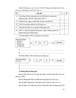 39
Phân biệt đúng sai các câu từ 14 đến 18 bằng cách đánh dấu X vào
cột A cho câu đúng và cột B cho câu sai:
TT Câu hỏi A B
14 Say nắng là hiện tượng phù não do nhiệt độ của màng não
tăng cao gây xuất tiết xung huyết, phù nề.
15 Người bị say nắng có dấu hiệu da mặt và da đầu đỏ.
16 Khi bị say nắng nhiệt độ cơ thể tăng cao.
17 Nguyên tắc điều trị say nắng là chống phù não
18 Hạ Ca++
huyết là nguyên nhân gây co giật ở những người lao
động trong môi trường nóng.
19. Hoàn thành sơ đồ cơ chế gây say nóng sau:
A. ………………………………………………………………………
B. ………………………………………………………………………
20. Hoàn thành sơ đồ cơ chế gây say nắng sau:
A. ………………………………………………………………………
B. ………………………………………………………………………
2. Hướng dẫn tự lượng giá
Đọc kỹ bàn liên hệ các tài liệu đọc thêm và tham khảo để trả lời các
câu hỏi, cụ thể:
Đọc kỹ những khổ đầu của phần nội dung để trả lời cho câu 1.
Đọc kỹ phần "Đặc điểm vi khí hậu nóng" để trả lời câu 2 và 4 -8.
Đọc kỹ phần "Các đáp ứng sinh lý trong điều kiện lao động nóng" để
 