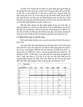 47
Từ năm 1918 Vitmark đã xác định ở cơ quan thính giác người bệnh có
tổn thương hệ tế bào lông tại cơ quan Corti trong giai đoạn đầu sau đó đến
sự dày lên, xơ hóa màng nhĩ và toàn bộ cơ quan Corti. Nguyên nhân của
hiện tượng này là do các tế bào chịu áp lực âm thanh mạnh lên bề mặt tế
bào cũng như các sợi lông chịu tác động thường xuyên mà dày lên và dần
dần mất cảm ứng, gây nên hiện tượng trơ về mặt cơ học cũng như thần kinh
và đó là điếc nghề nghiệp trong thực tế đã xảy ra.
Một đặc điểm chung của điếc nghề nghiệp là bao giờ cũng thấy sự
thiếu hụt thính lực ở tần số cao, đặc biệt là ở tần số 4096 Hertz sau đó mới
dẫn đến các âm tần khác, tiếng ồn trong sản xuất thường là từ 2.000 Hz trở
lên, đây sẽ là tần số chính gây tổn thương vùng đáy của loa đạo, thường thì
tiếng ồn có tần số thấp sẽ gây tổn thương vùng đỉnh của loa đạo (ốc tai).
2.2. Bệnh lý lâm sàng và cận lâm sàng
Điếc nghề nghiệp thường xảy ra qua hai giai đoạn là điếc tiềm tàng và
điếc rõ rệt.
Giai đoạn điếc tiềm tàng thường kéo dài hàng năm do tiến triển chậm
một cách âm ỉ ngày một nặng hơn, lúc đầu là hiện tượng giảm sức nghe ở
tần số cao xung quanh 4.000 Hz mà trên thính lực đồ thấy hình chữ V có
đỉnh ở khu vực 4.000 Hz có thể ở vị trí này ngưỡng nghe tụt xuống 50 – 60
dB thậm chí 60 - 70 dB càng về sau tiến triển lâm sàng tăng các ngành của
chữ V ngày một rộng ra. Các tần số kế cận cao hơn hoặc thấp hơn thì
ngưỡng nghe thường còn thấp. Nhìn trên thính lực đồ của các giai đoạn
phát triển điếc nghề nghiệp ta thấy nó tương ứng với đường 2,3 và 4.
 