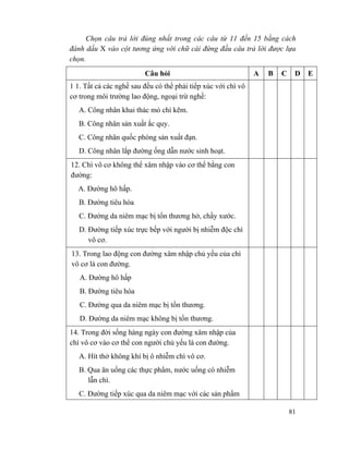 81
Chọn câu trả lời đúng nhất trong các câu từ 11 đến 15 bằng cách
đánh dấu X vào cột tương ứng với chữ cái đứng đầu câu trả lời được lựa
chọn.
Câu hỏi A B C D E
1 1. Tất cả các nghề sau đều có thể phải tiếp xúc với chì vô
cơ trong môi trường lao động, ngoại trừ nghề:
A. Công nhân khai thác mỏ chì kẽm.
B. Công nhân sản xuất ắc quy.
C. Công nhân quốc phòng sản xuất đạn.
D. Công nhân lắp đường ống dẫn nước sinh hoạt.
12. Chì vô cơ không thể xâm nhập vào cơ thể bằng con
đường:
A. Đường hô hấp.
B. Đường tiêu hóa
C. Đường da niêm mạc bị tổn thương hở, chầy xước.
D. Đường tiếp xúc trực bếp với người bị nhiễm độc chì
vô cơ.
13. Trong lao động con đường xâm nhập chủ yếu của chì
vô cơ là con đường.
A. Đường hô hấp
B. Đường tiêu hóa
C. Đường qua da niêm mạc bị tổn thương.
D. Đường da niêm mạc không bị tổn thương.
14. Trong đời sống hàng ngày con đường xâm nhập của
chì vô cơ vào cơ thể con người chủ yếu là con đường.
A. Hít thở không khí bị ô nhiễm chì vô cơ.
B. Qua ăn uống các thực phẩm, nước uống có nhiễm
lẫn chì.
C. Đường tiếp xúc qua da niêm mạc với các sản phẩm
 