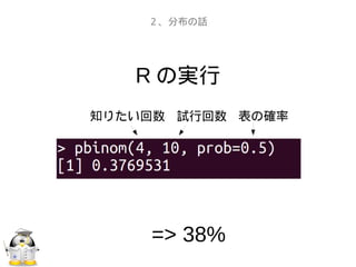 R の実行
２、分布の話
=> 38%
表の確率試行回数知りたい回数
 