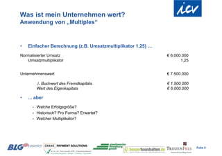 Was ist mein Unternehmen wert?
Anwendung von „Multiples“



•   Einfacher Berechnung (z.B. Umsatzmultiplikator 1,25) …
Normalisierter Umsatz                                        € 6.000.000
   Umsatzmultiplikator                                              1,25


Unternehmenswert                                             € 7.500.000

        ./. Buchwert des Fremdkapitals                       € 1.500.000
        Wert des Eigenkapitals                               € 6.000.000

•   ... aber
      - Welche Erfolgsgröße?
      - Historisch? Pro Forma? Erwartet?
      - Welcher Multiplikator?




                                                                           Folie 6
 