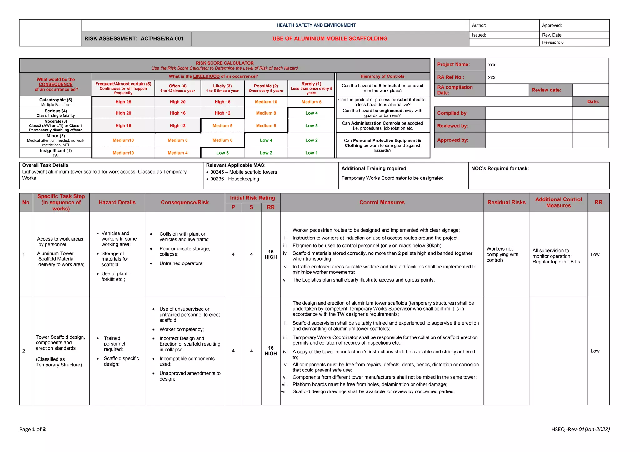 Scaffolding Risk Assessment Example 32 Use of Aluminium mobile Scaffolding Risk Assessment Templates.docx