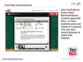 YouTube.com/teachers
Use YouTube to
share video
demonstrations,
content-approved
films, or have
students post own
videos for projects.
You can also
record lectures to
share with
classes.

Intermediate Application

 