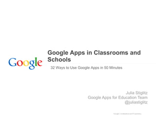 Google Apps in Classrooms and
Schools
32 Ways to Use Google Apps in 50 Minutes
Julia Stiglitz
Google Apps for Education Team
@juliastiglitz
 