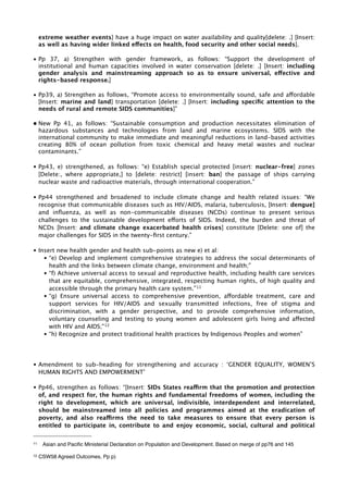 extreme weather events] have a huge impact on water availability and quality[delete: .] [Insert: 
as well as having wider linked effects on health, food security and other social needs]. 
• Pp 37, a) Strengthen with gender framework, as follows: “Support the development of 
institutional and human capacities involved in water conservation [delete: .] [Insert: including 
gender analysis and mainstreaming approach so as to ensure universal, effective and 
rights-based response.] 
• Pp39, a) Strengthen as follows, “Promote access to environmentally sound, safe and affordable 
[Insert: marine and land] transportation [delete: .] [Insert: including specific attention to the 
needs of rural and remote SIDS communities]” 
• New Pp 41, as follows: “Sustainable consumption and production necessitates elimination of 
hazardous substances and technologies from land and marine ecosystems. SIDS with the 
international community to make immediate and meaningful reductions in land-based activities 
creating 80% of ocean pollution from toxic chemical and heavy metal wastes and nuclear 
contaminants.” 
• Pp43, e) strengthened, as follows: “e) Establish special protected [insert: nuclear-free] zones 
[Delete:, where appropriate,] to [delete: restrict] [insert: ban] the passage of ships carrying 
nuclear waste and radioactive materials, through international cooperation.” 
• Pp44 strengthened and broadened to include climate change and health related issues: “We 
recognise that communicable diseases such as HIV/AIDS, malaria, tuberculosis, [Insert: dengue] 
and influenza, as well as non-communicable diseases (NCDs) continue to present serious 
challenges to the sustainable development efforts of SIDS. Indeed, the burden and threat of 
NCDs [Insert: and climate change exacerbated health crises] constitute [Delete: one of] the 
major challenges for SIDS in the twenty-first century.” 
• Insert new health gender and health sub-points as new e) et al: 
• “e) Develop and implement comprehensive strategies to address the social determinants of 
health and the links between climate change, environment and health;” 
• “f) Achieve universal access to sexual and reproductive health, including health care services 
that are equitable, comprehensive, integrated, respecting human rights, of high quality and 
accessible through the primary health care system.”11 
• “g) Ensure universal access to comprehensive prevention, affordable treatment, care and 
support services for HIV/AIDS and sexually transmitted infections, free of stigma and 
discrimination, with a gender perspective, and to provide comprehensive information, 
voluntary counseling and testing to young women and adolescent girls living and affected 
with HIV and AIDS;"12 
• “h) Recognize and protect traditional health practices by Indigenous Peoples and women” 
• Amendment to sub-heading for strengthening and accuracy : ‘GENDER EQUALITY, WOMEN’S 
HUMAN RIGHTS AND EMPOWERMENT’ 
• Pp46, strengthen as follows: “[Insert: SIDs States reaffirm that the promotion and protection 
of, and respect for, the human rights and fundamental freedoms of women, including the 
right to development, which are universal, indivisible, interdependent and interrelated, 
should be mainstreamed into all policies and programmes aimed at the eradication of 
poverty, and also reaffirms the need to take measures to ensure that every person is 
entitled to participate in, contribute to and enjoy economic, social, cultural and political 
11 Asian and Pacific Ministerial Declaration on Population and Development. Based on merge of pp76 and 145 
12 CSW58 Agreed Outcomes, Pp p) 
 