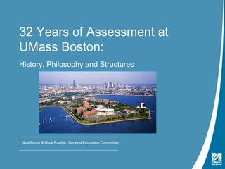 32 Yeas of Assessment at UMass Boston | February 9, 2012
32 Years of Assessment at
UMass Boston:
History, Philosophy and Structures
Neal Bruss & Mark Pawlak, General Education Committee
 