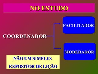 NO ESTUDO COORDENADOR FACILITADOR MODERADOR NÃO UM SIMPLES  EXPOSITOR DE LIÇÃO 